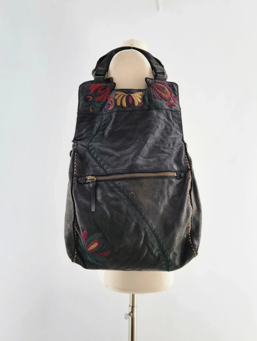 Lucky Brand Abbey Road Vintage Black Leather Hobo Bag Boho Embroidered Festival